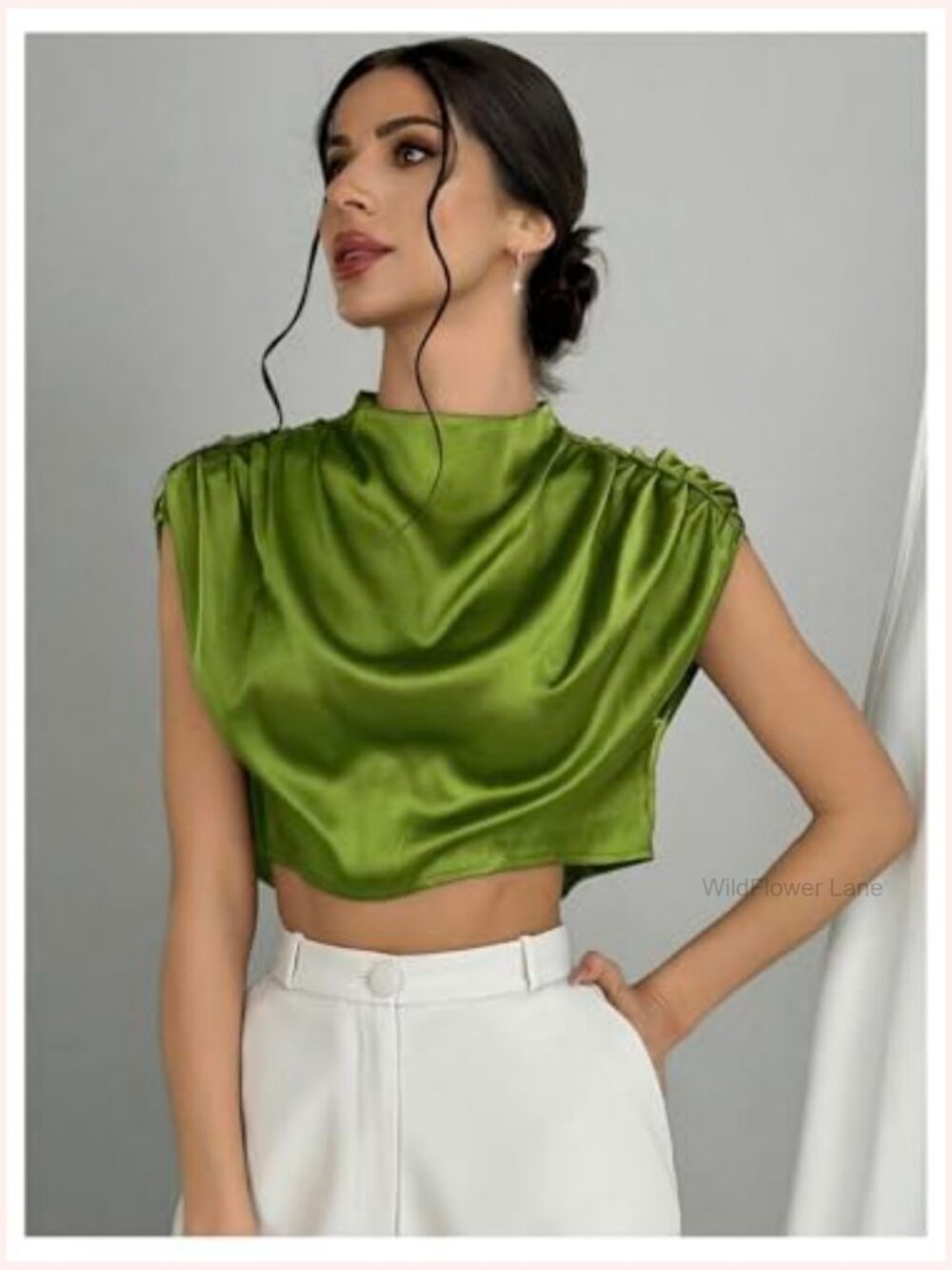 Satin Crop Top Mock Neck Blouse Ruched Cap Sleeve Dressy Work Shirt - Picture 4 of 7
